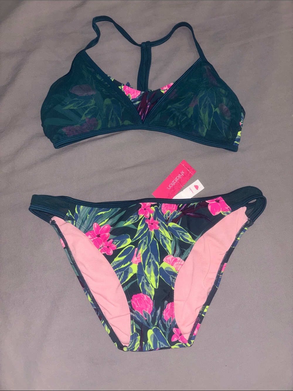Xhilaration Dark Teal Floral Bikini with Bright Pink Accents SZ L
